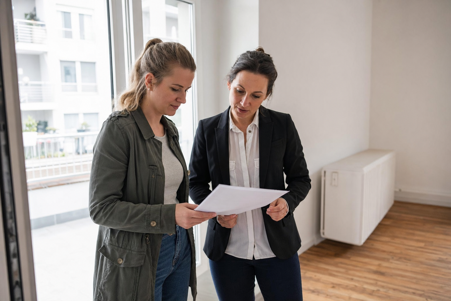 Vermieterin und Mietinteressent prüfen gemeinsam Unterlagen in einer hellen Wohnung