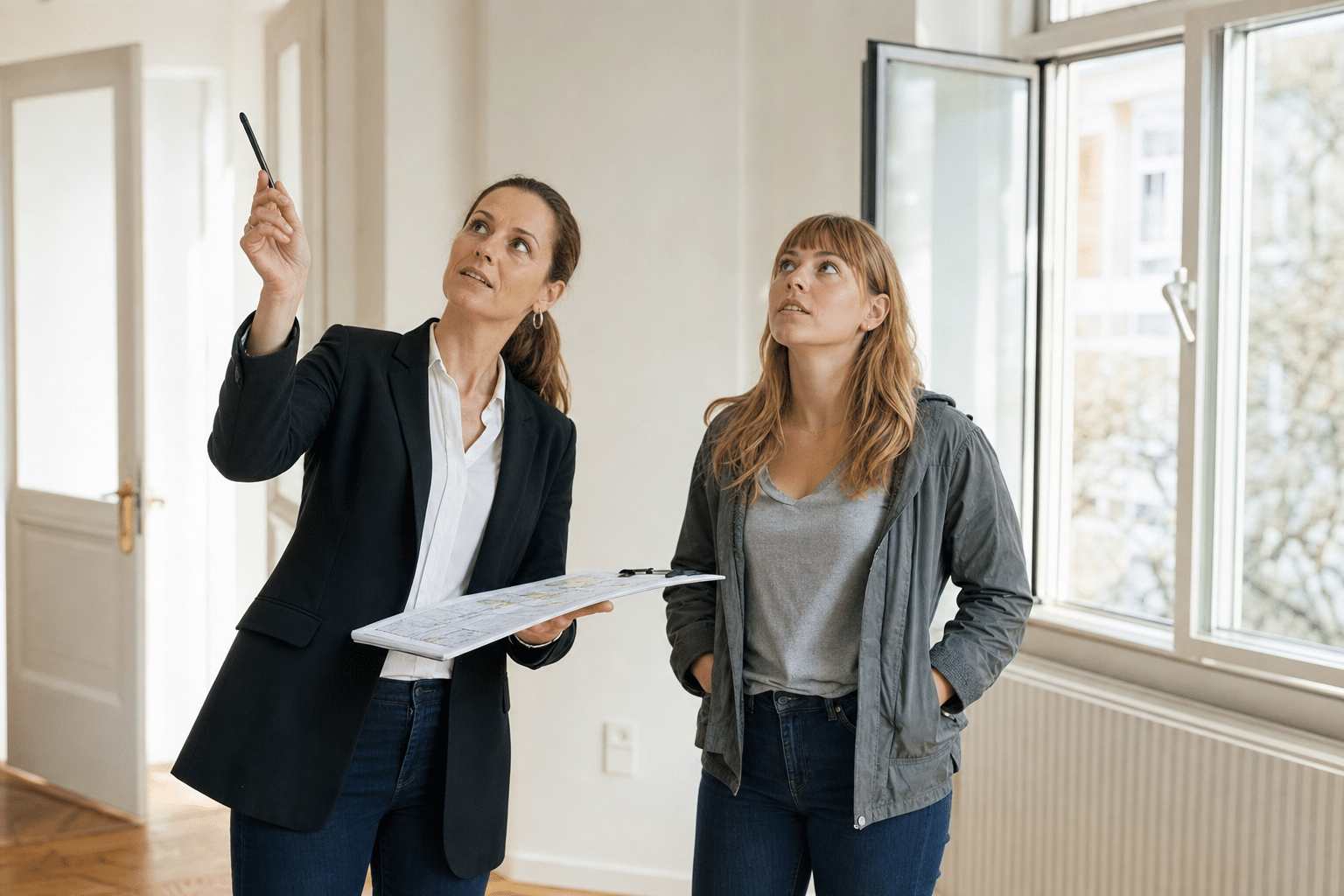Vermieterin und neuer Mieter prüfen gemeinsam den Zustand einer hellen Wohnung