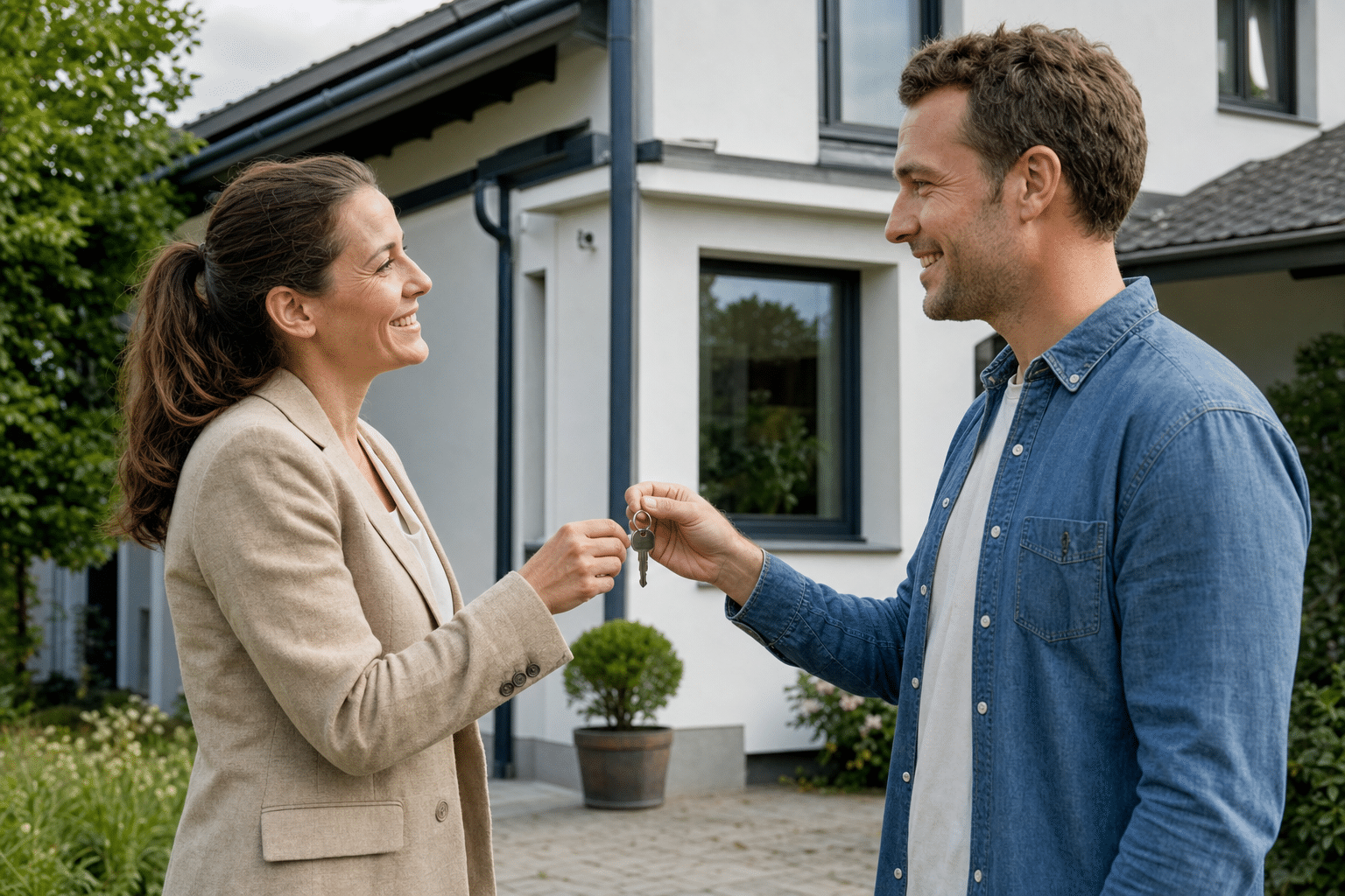 Verkäufer und Käufer bei der gemeinsamen Schlüsselübergabe vor einem Einfamilienhaus