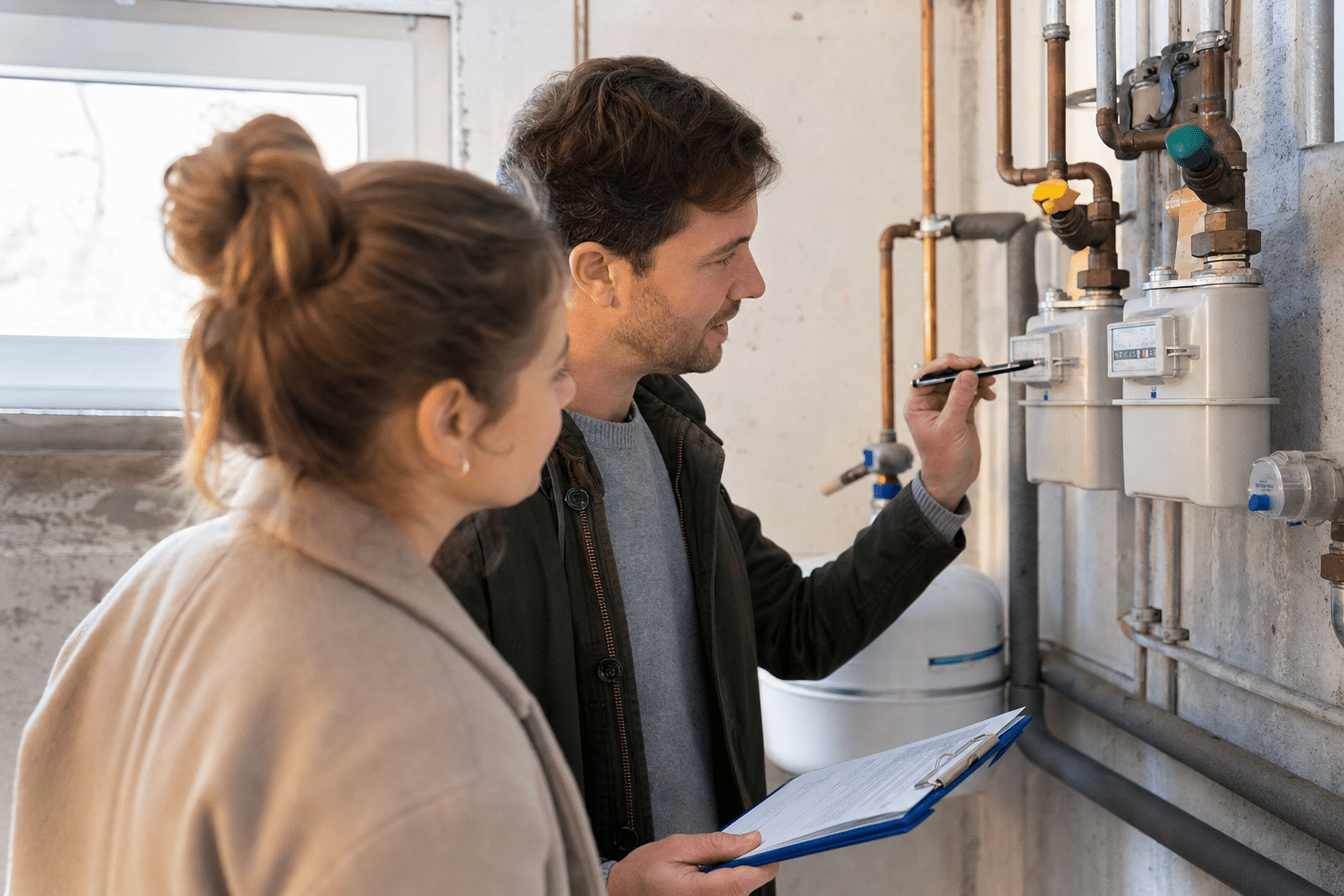 Verkäufer und Käufer lesen gemeinsam die Zählerstände im Hauswirtschaftsraum ab