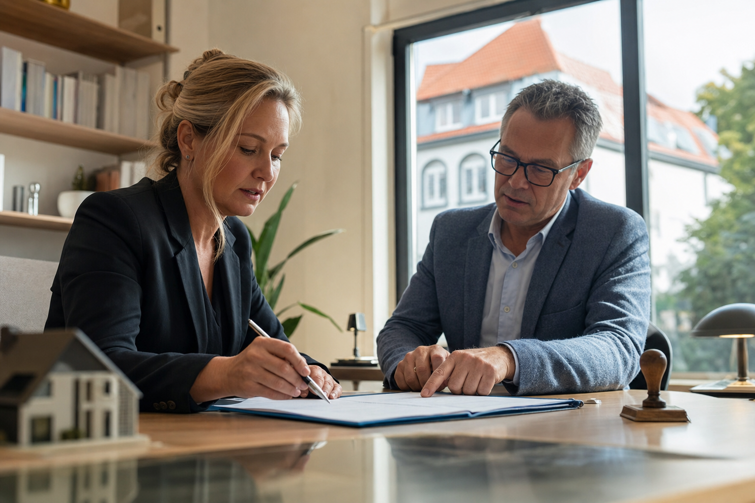 Hausbesitzer und Notar besprechen Kaufvertrag am Schreibtisch in einem modernen Büro
