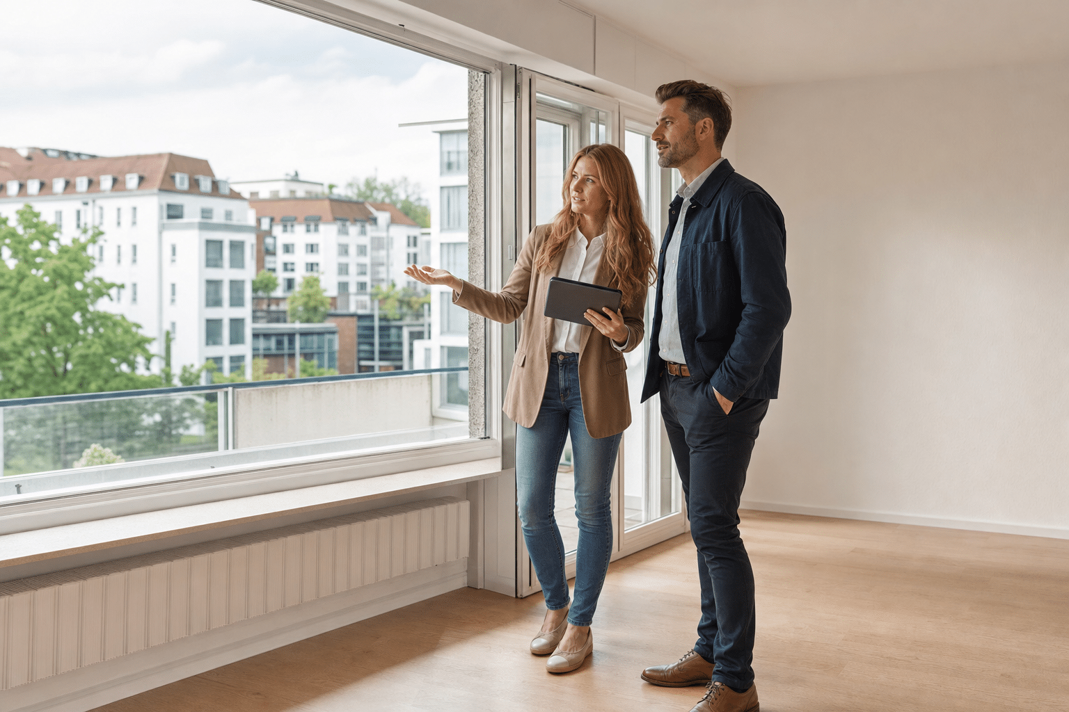 Makler und Eigentümer bei einer Wohnungsbesichtigung in Bielefeld im Gespräch