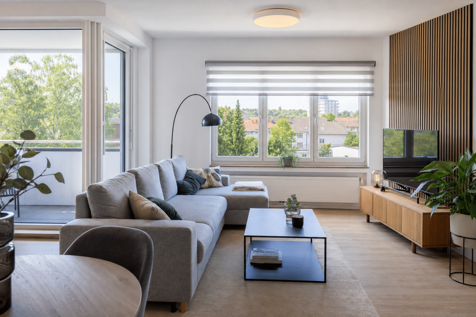 Modern eingerichtetes Wohnzimmer mit großen Fenstern und Tageslicht in einer Bielefelder Eigentumswohnung