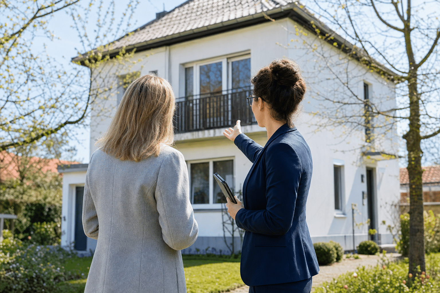 Eigentümerin und Immobilienexperte bei der gemeinsamen Besichtigung eines Einfamilienhauses in Bad Oeynhausen