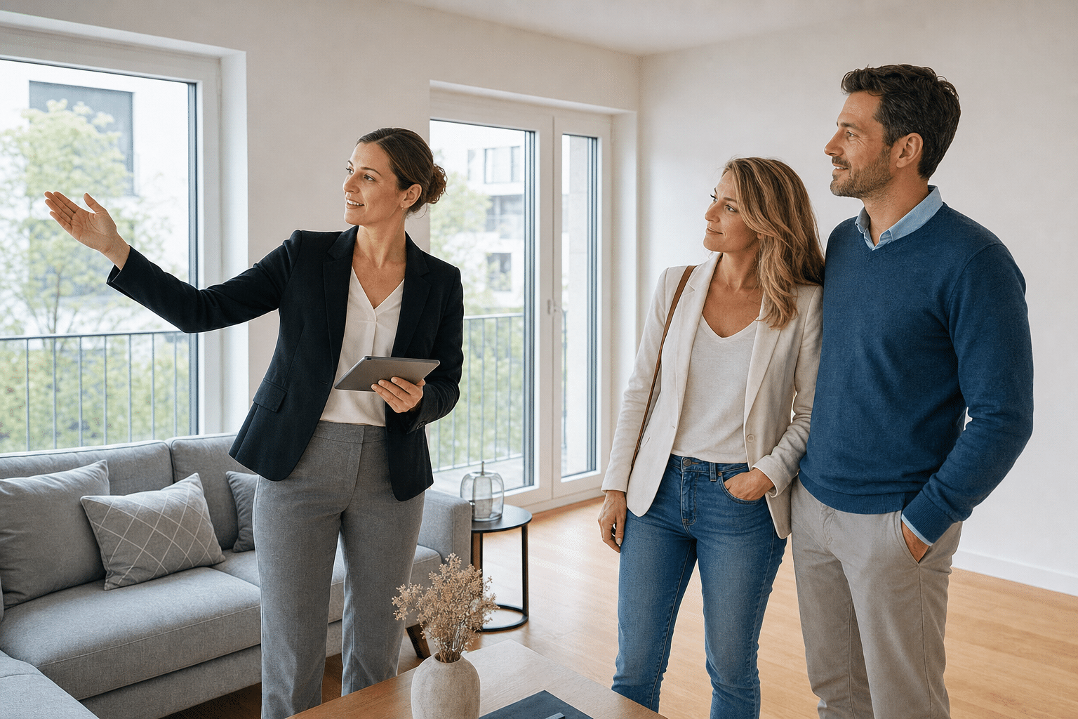 Immobilienmaklerin zeigt einem Paar bei einer Hausbesichtigung den hellen Wohnbereich