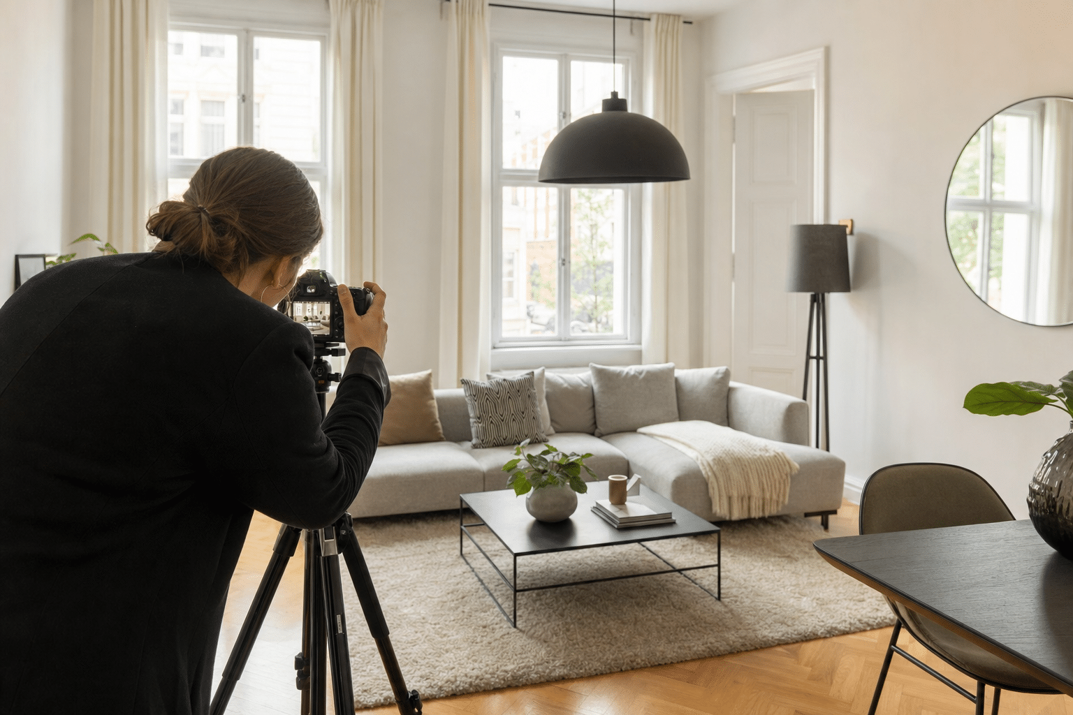 Maklerin fotografiert ein hell eingerichtetes Wohnzimmer mit großen Fenstern