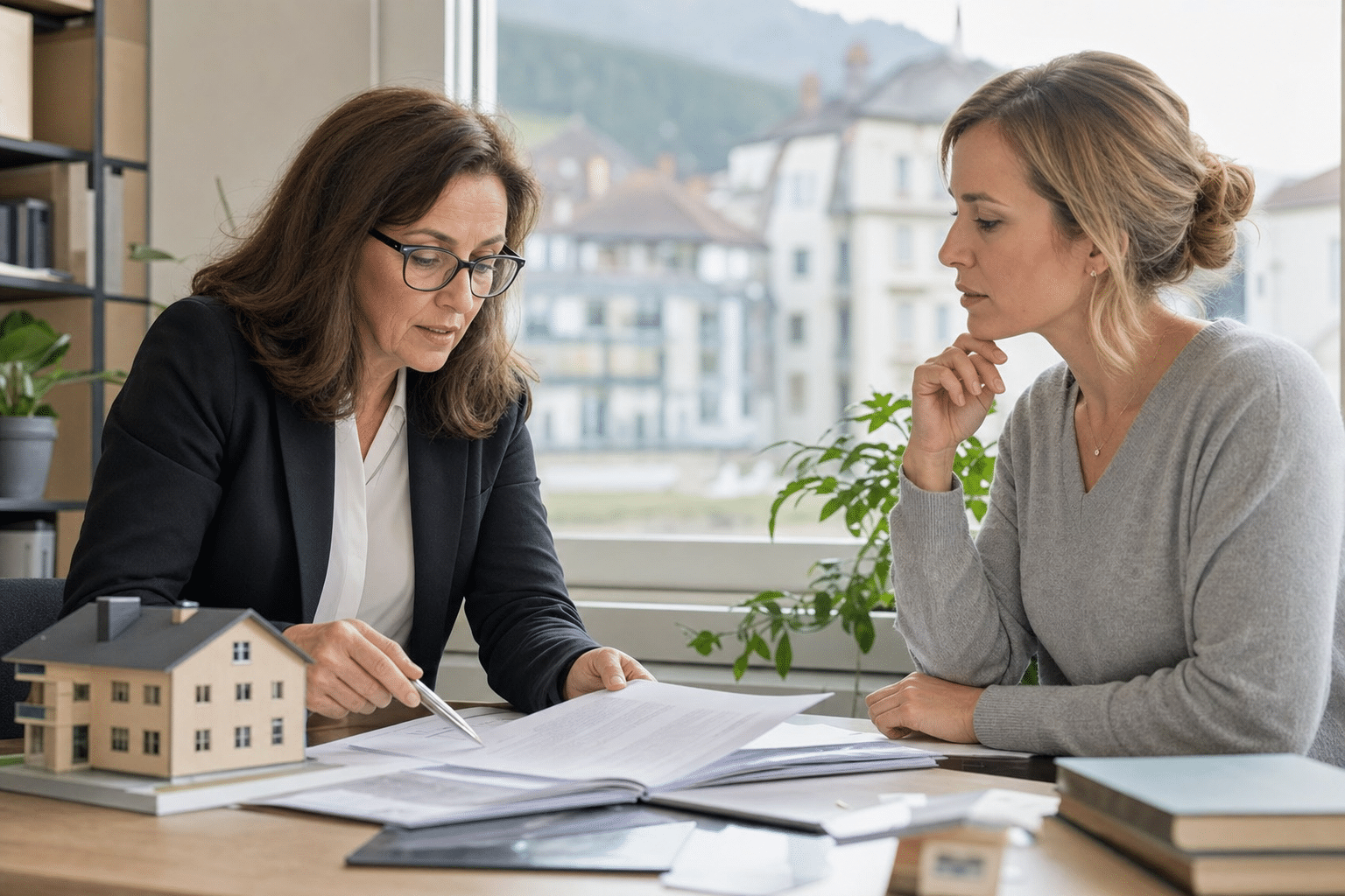 Eigentümerin prüft mit einem Steuerberater Kaufvertrag und Immobilienunterlagen am Schreibtisch