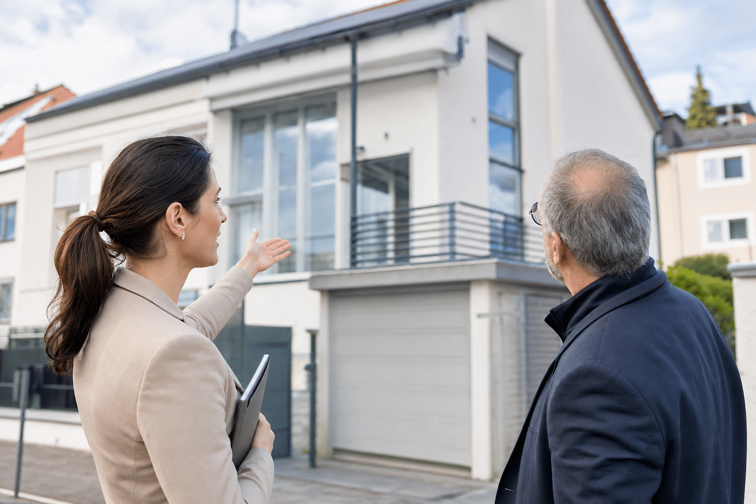 Immobilienmaklerin bei der Besichtigung eines Einfamilienhauses mit einem Eigentümer in Herford
