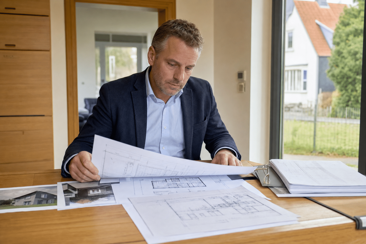 Sachverständiger prüft Baupläne und Grundbuchunterlagen in einem Einfamilienhaus