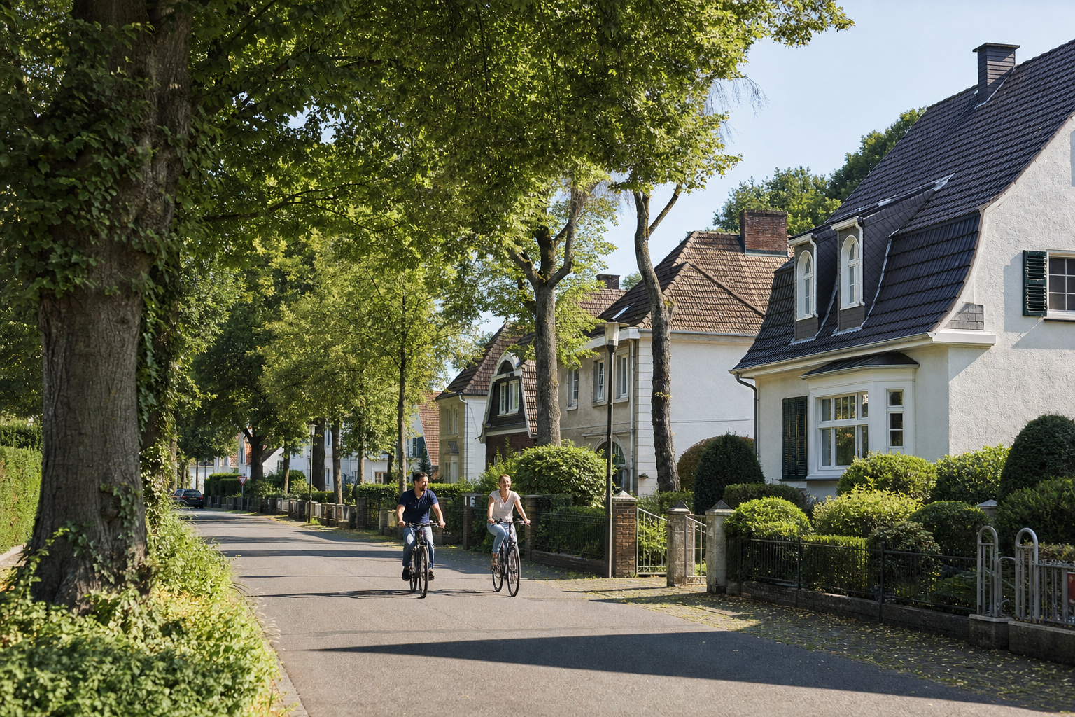 Wohnstraße mit Einfamilienhäusern, Bäumen und Radfahrern in Gütersloh