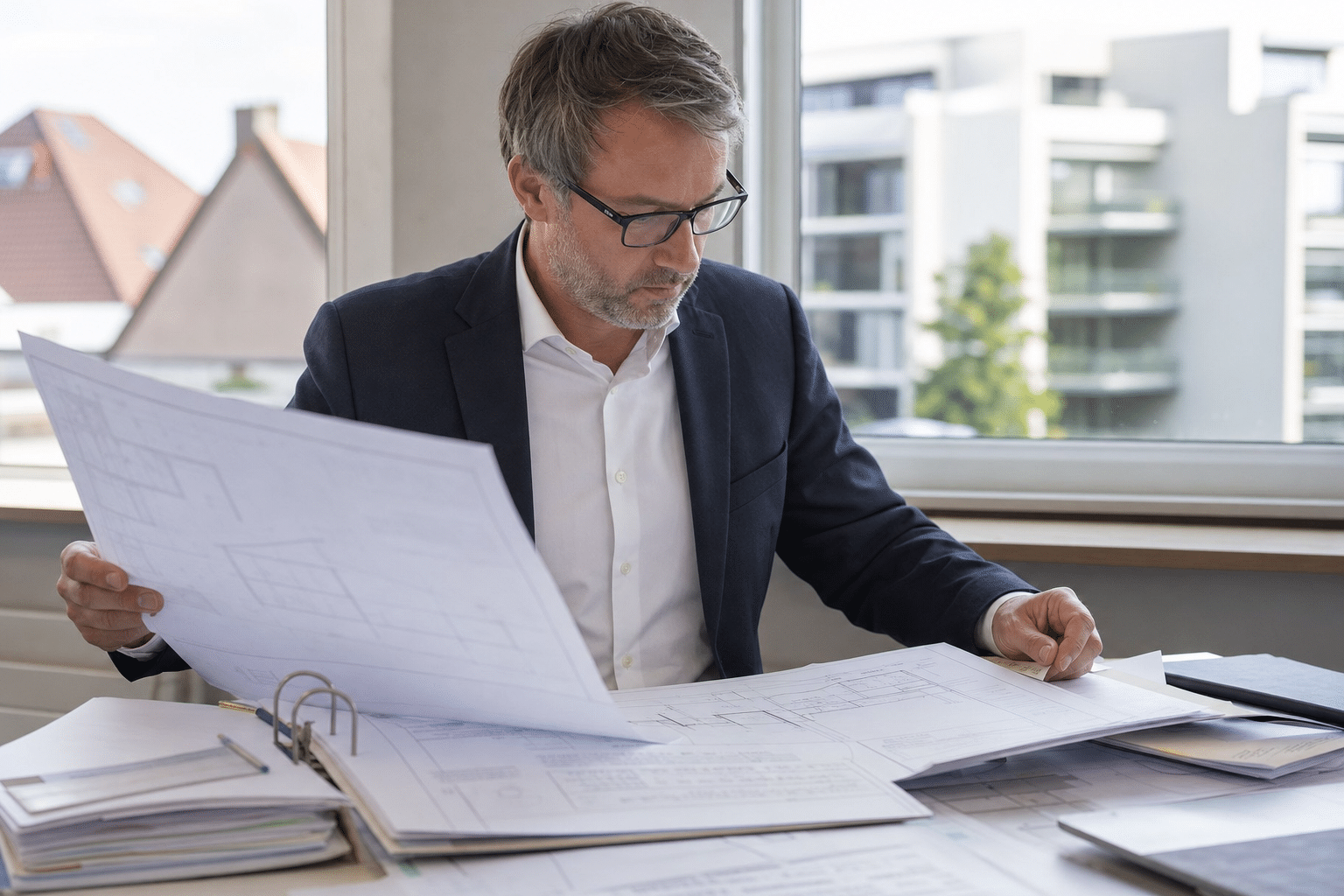 Sachverständiger prüft Baupläne und Grundbuchunterlagen an einem Schreibtisch