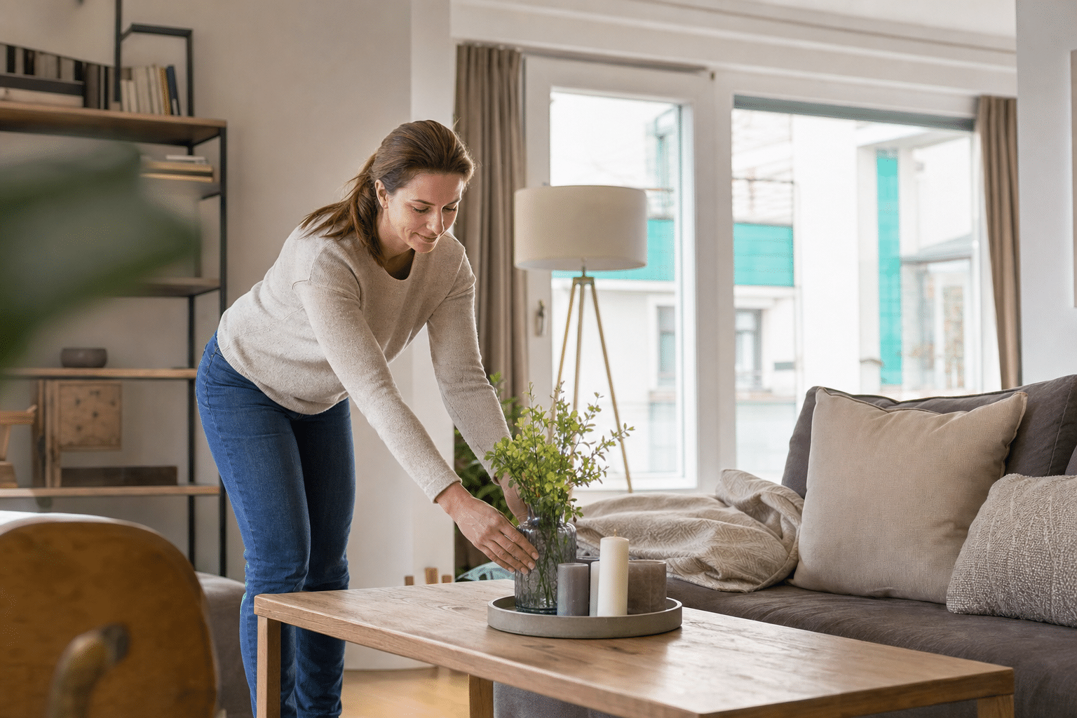 Eigentümer räumt ein Wohnzimmer auf und bereitet das Haus für eine Besichtigung vor