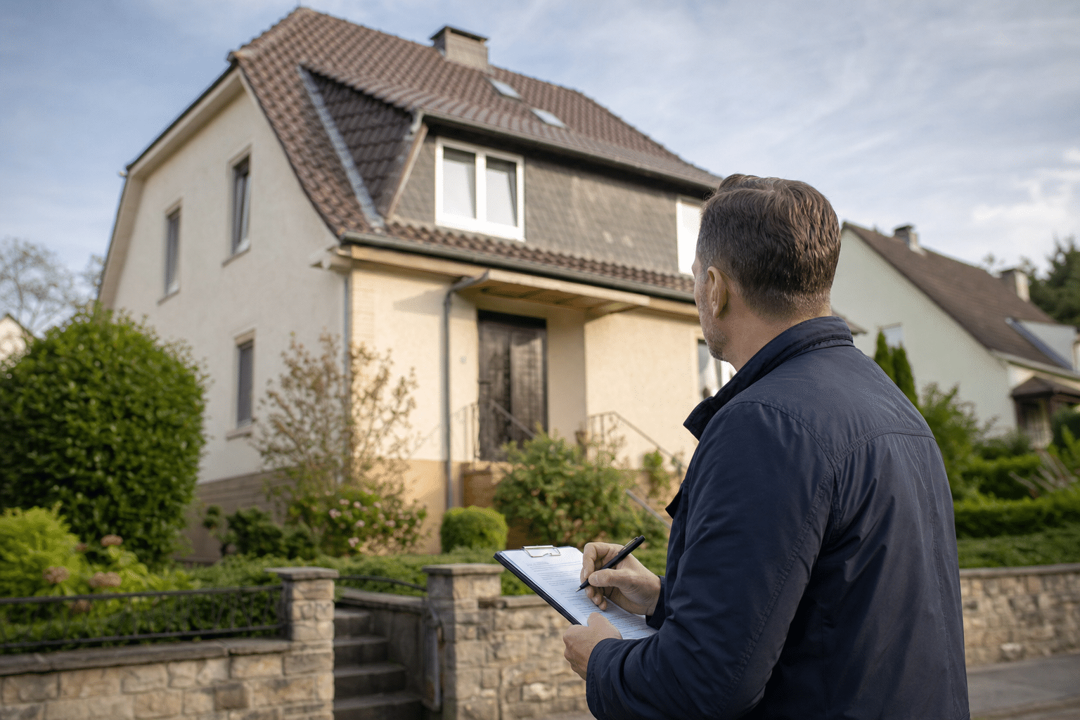 Ein Immobiliengutachter besichtigt ein Einfamilienhaus in einem ruhigen Bielefelder Wohngebiet