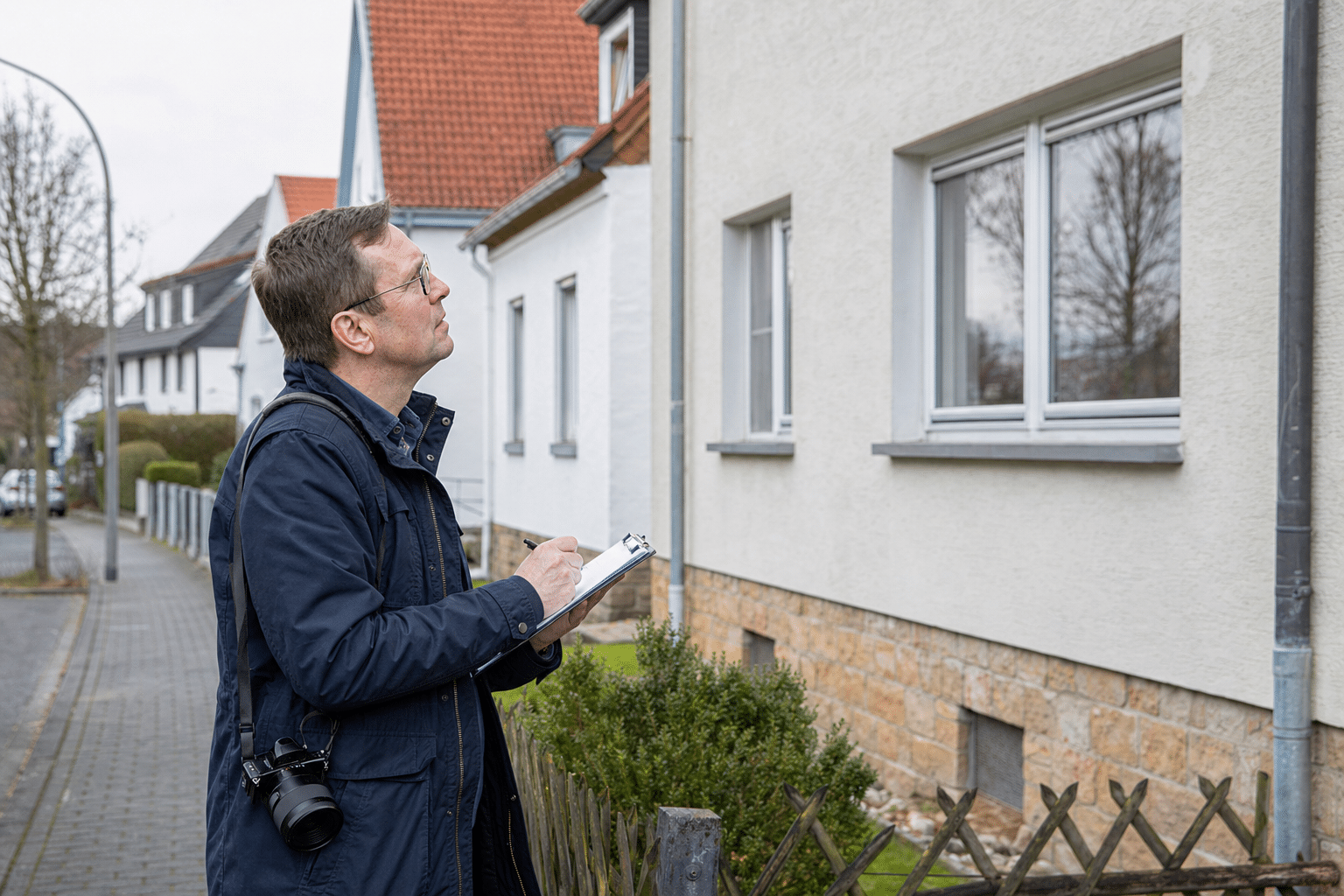 Gutachter begutachtet ein Einfamilienhaus vor Ort mit Notizen und Kamera