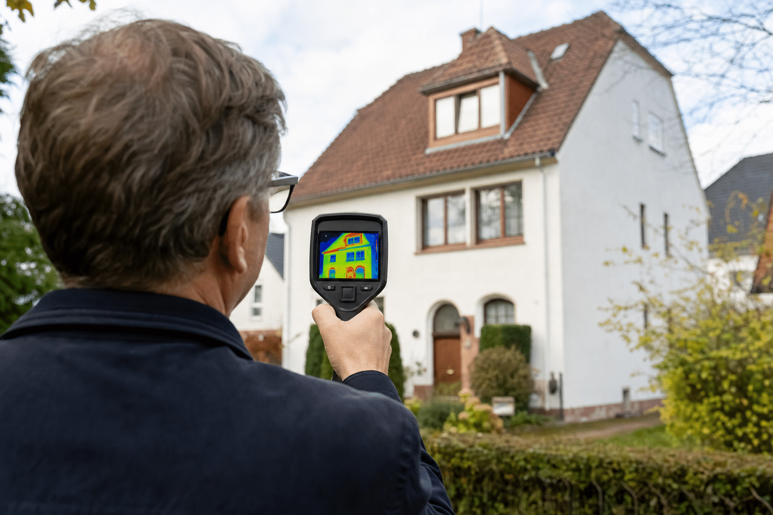 Ein Energieberater untersucht mit einer Wärmebildkamera die Fassade eines Einfamilienhauses in Bad Salzuflen