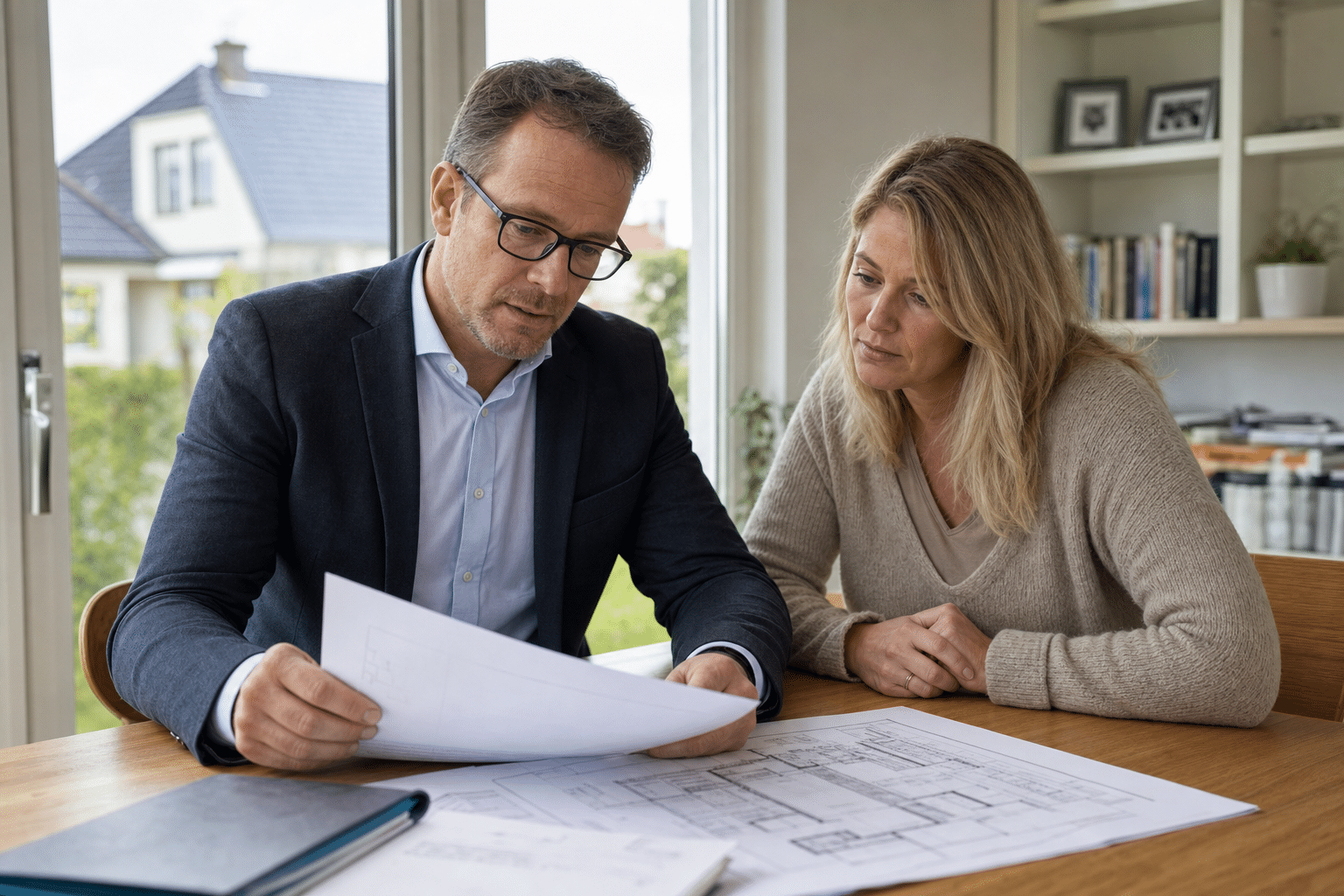 Immobiliengutachter prüft mit einer Eigentümerin Bauunterlagen in einem Wohnhaus in Bad Salzuflen