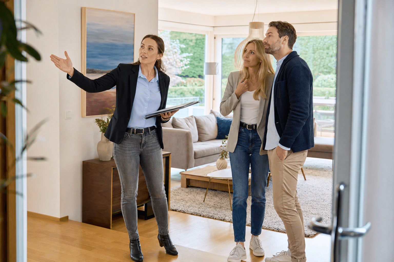 Maklerin zeigt einem Paar das helle Wohnzimmer eines zum Verkauf stehenden Hauses