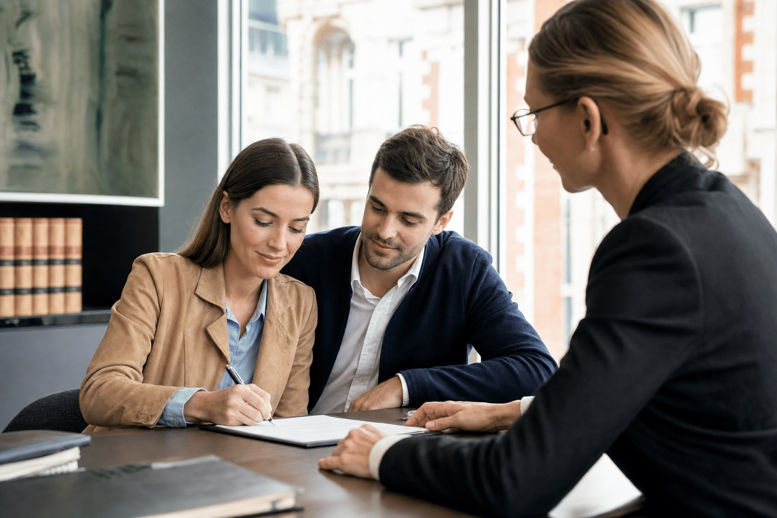 Verkäufer und Käufer bei der Unterzeichnung eines Immobilienkaufvertrags im Notarbüro