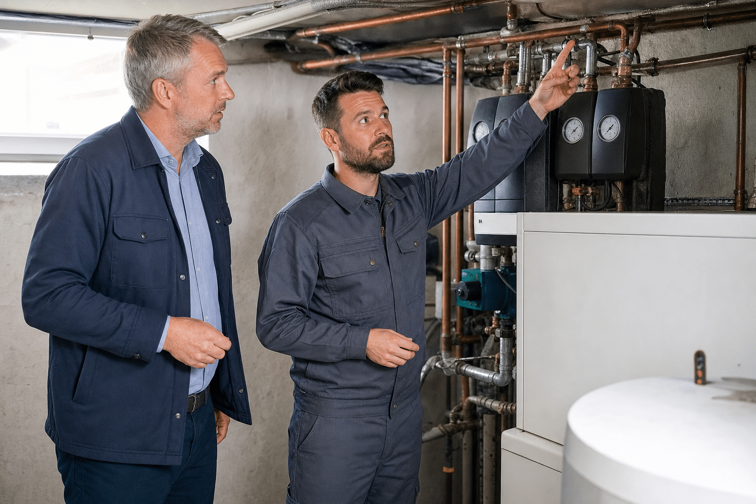 Vermieter prüft gemeinsam mit einem Handwerker die Heizungsanlage im Keller eines Einfamilienhauses