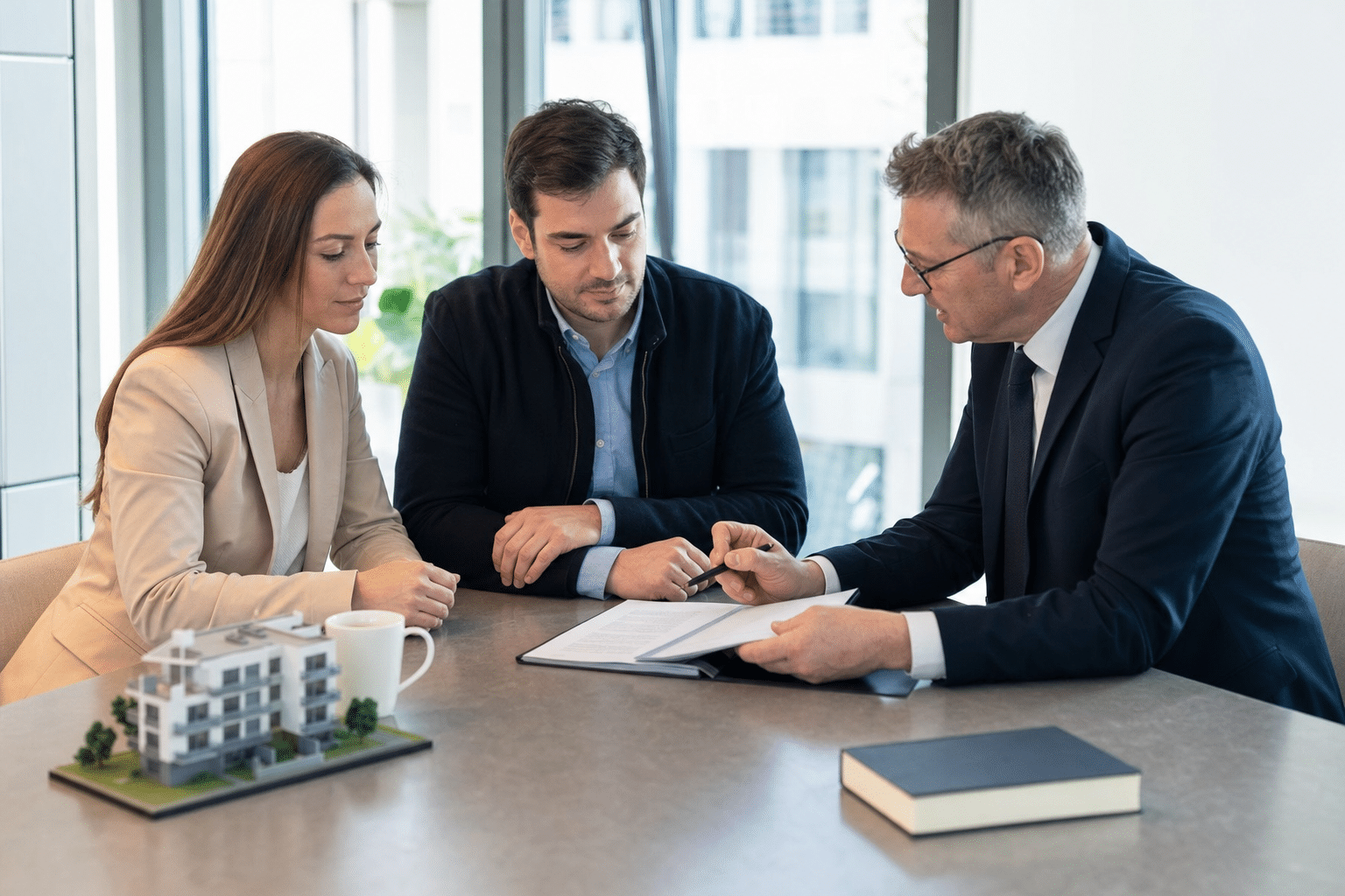 Käufer und Verkäufer sitzen mit dem Notar am Besprechungstisch und prüfen Vertragsunterlagen