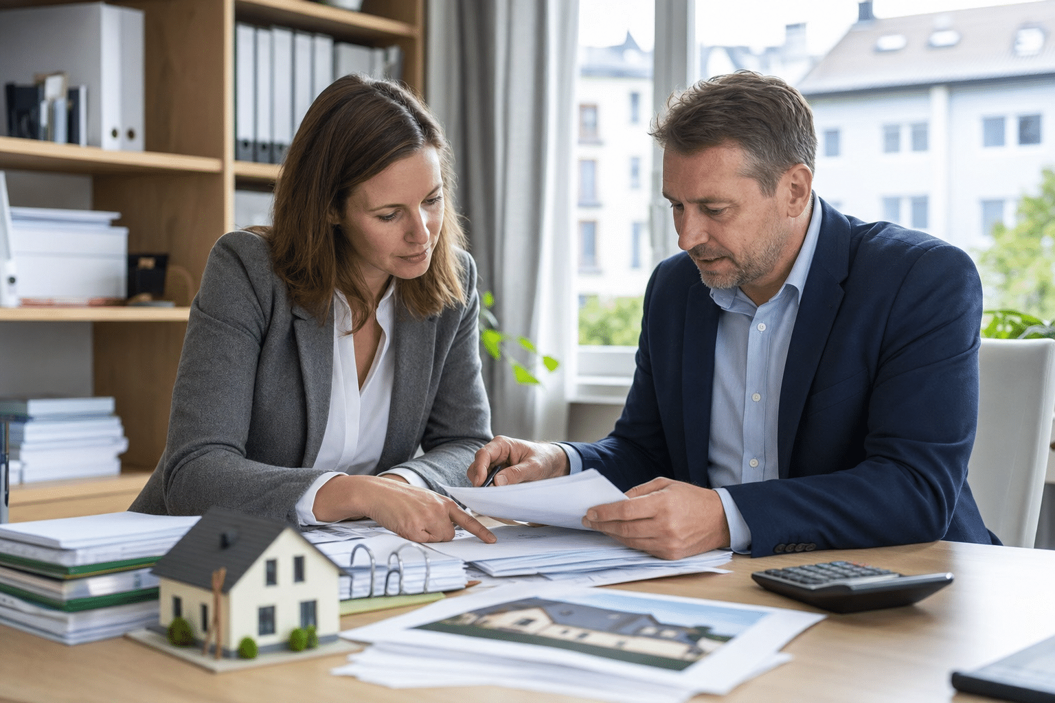 Steuerberater und Hauseigentümer besprechen Immobilienbelege in einem Büro