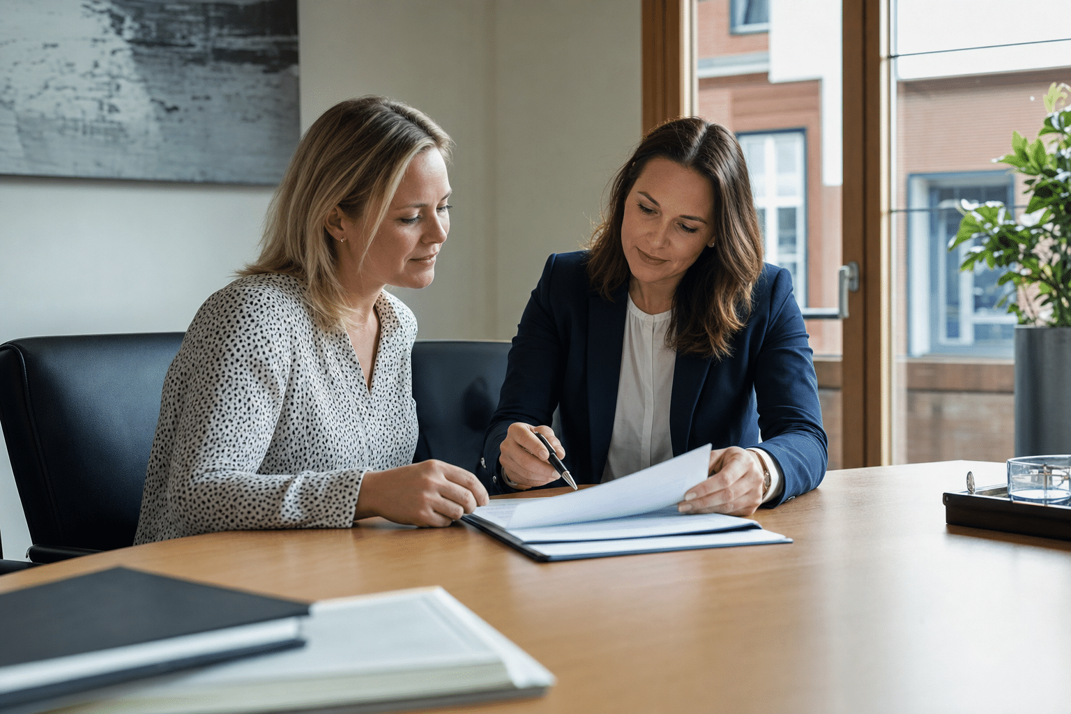 Verkäuferin und Notar prüfen gemeinsam Vertragsunterlagen in einem Besprechungsraum