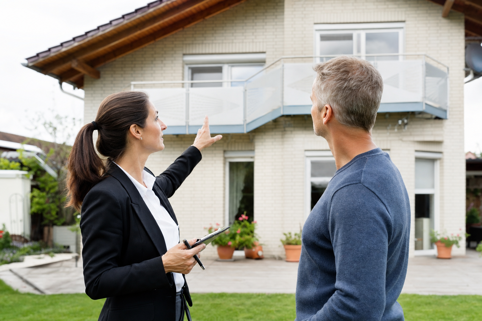 Immobiliengutachterin bei der Besichtigung eines Einfamilienhauses mit Eigentümer